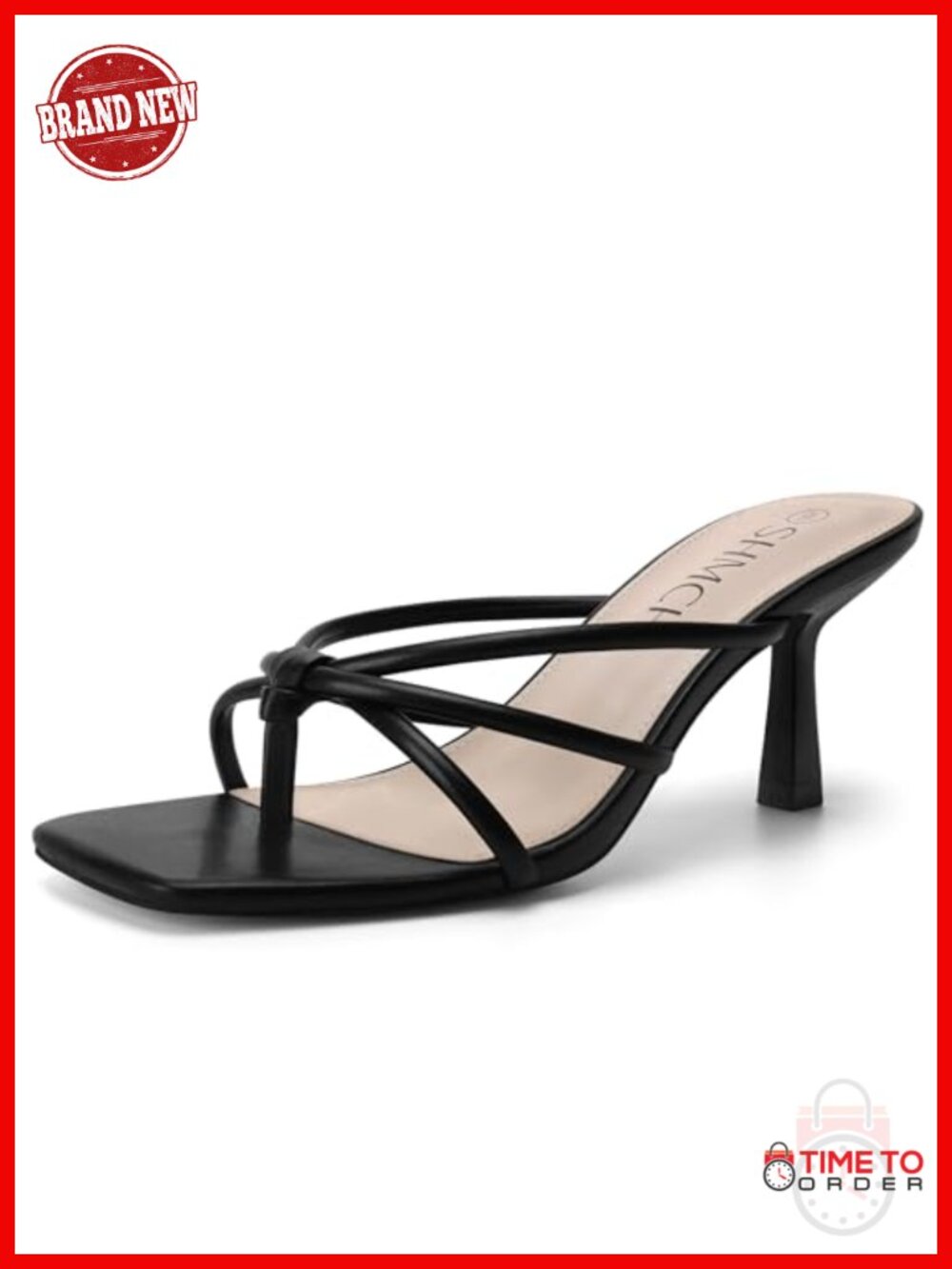 SHMCH Kitten Heel Sandals Square Toe Strappy Thong Mule